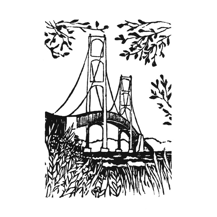 Mighty Mack Shore View  Original Block Print by Natalia Wohletz of Peninsula Prints, Mackinac Island, Michigan.
