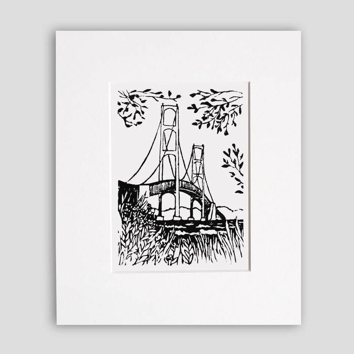Mackinac Bridge art by printmaker Natalia Wohletz of Peninsula Prints titled Mighty Mac Shore View.