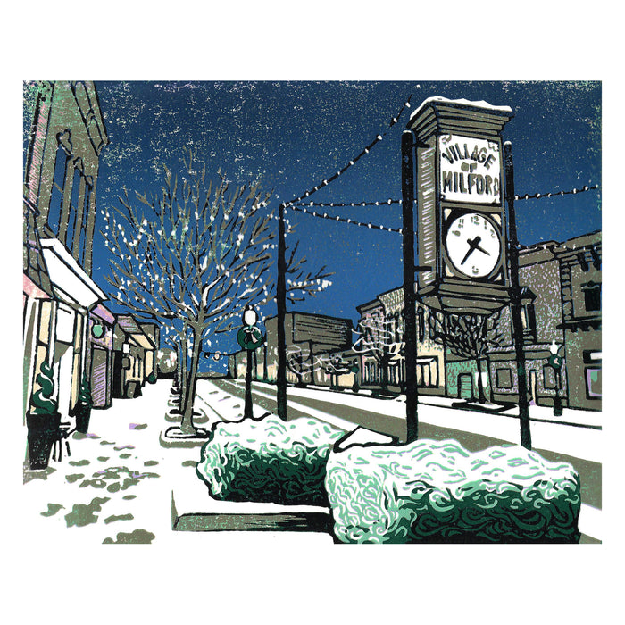 Milford Lights  Original Block Print by Natalia Wohletz of Peninsula Prints, Village of Milford, Michigan.