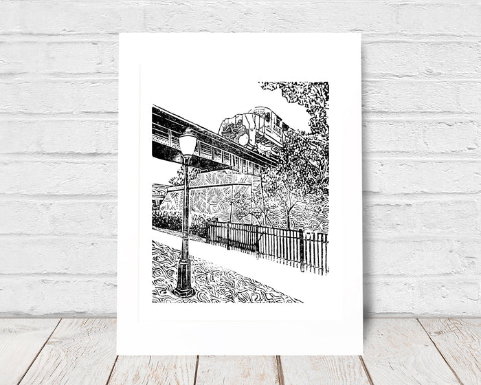 Milford Train #2 is a one-color linoleum block print depicting a train as it passes through the Village of Milford by Natalia Wohletz.