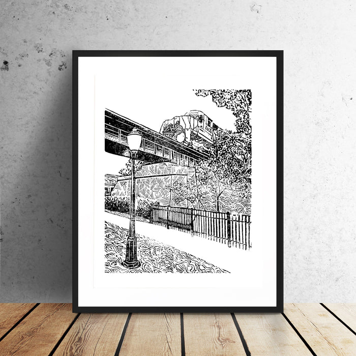 Milford Train #2 is a one-color linoleum block print depicting a train as it passes through the Village of Milford by Natalia Wohletz.