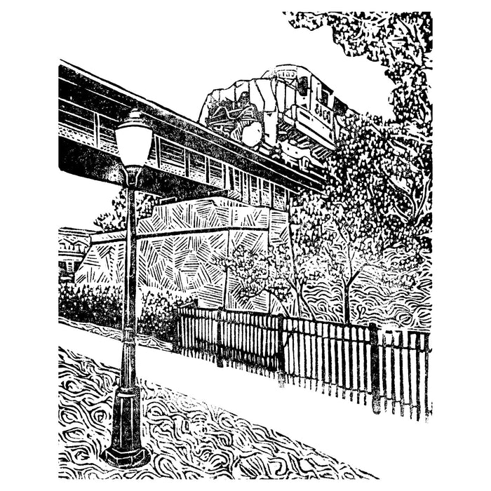 Contemporary train art by Natalia Wohletz of Peninsula Prints, Milford & Mackinac Island, titled Milford Train #2.
