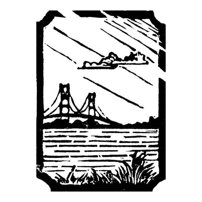 Mini Mighty Mac  Original Block Print by Natalia Wohletz of Peninsula Prints, Mackinac Island, Michigan.