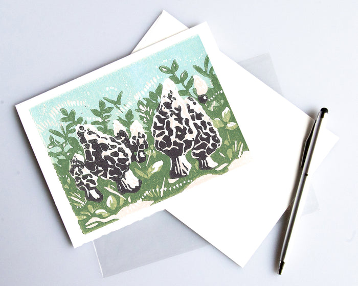 Morels card featuring a linoleum block print design by Natalia Wohletz of Peninsula Prints.