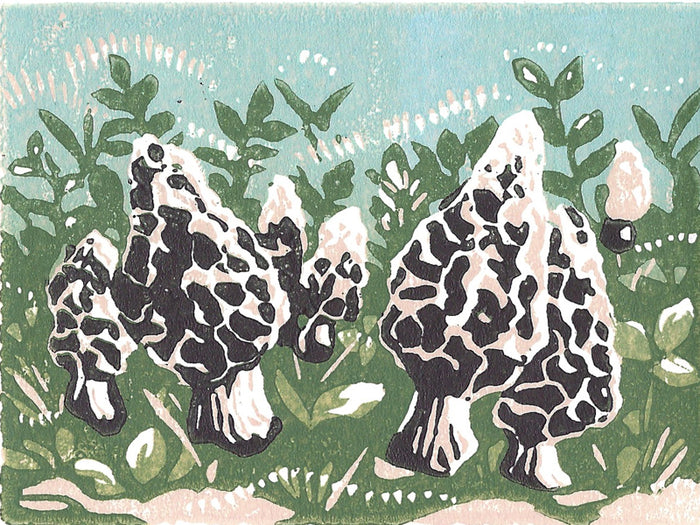 Morels, a linoleum block print by Natalia Wohletz of Peninsula Prints.