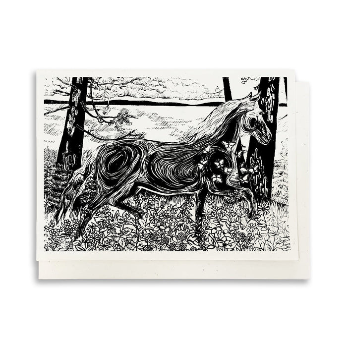 A casually elegant card featuring horse art by Natalia Wohletz titled Morning Frolic featuring a horse and wildflowers.