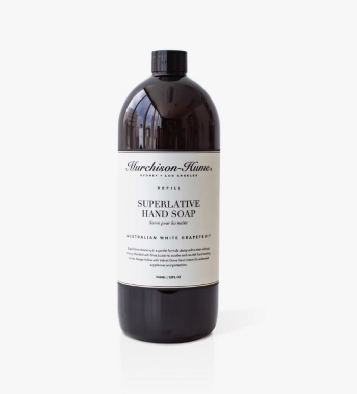 Hand soap refill bottle, dark amber with black cap; Australian White Grapefruit scent
