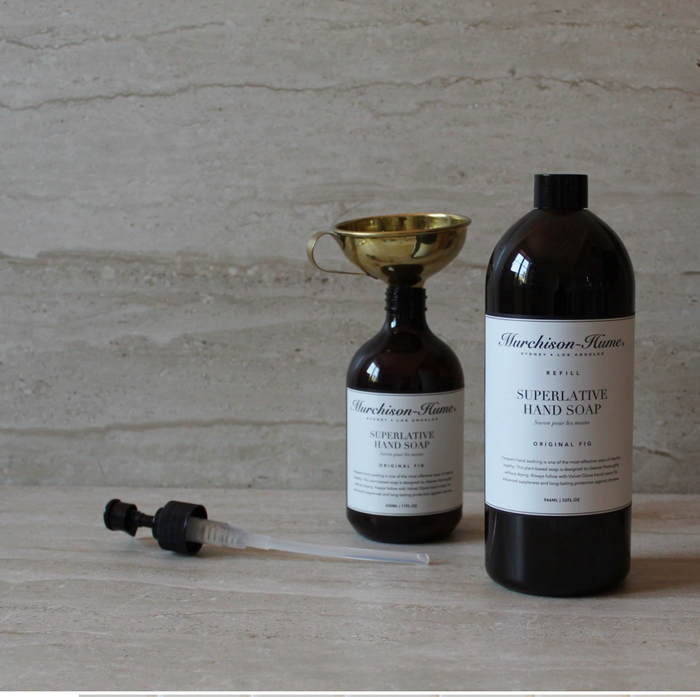 Hand soap refill bottle with pump dispenser and soap spout; Original Fig scent
