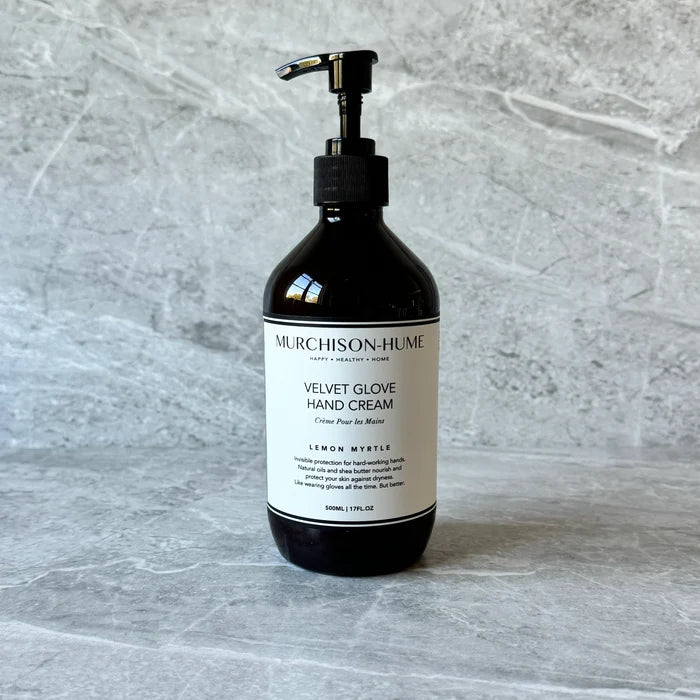 Velvet glove hand cream bottle with black pump, lemon myrtle scent
