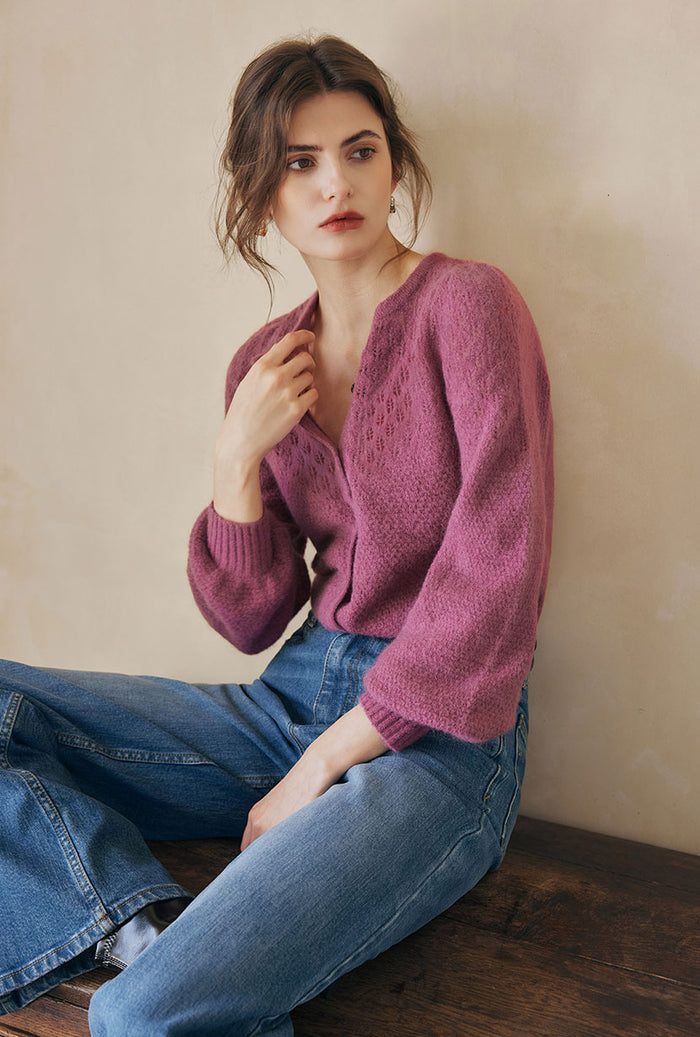 Petite Studio's Nathan Mohair-Blend Wool Cardigan in Plum