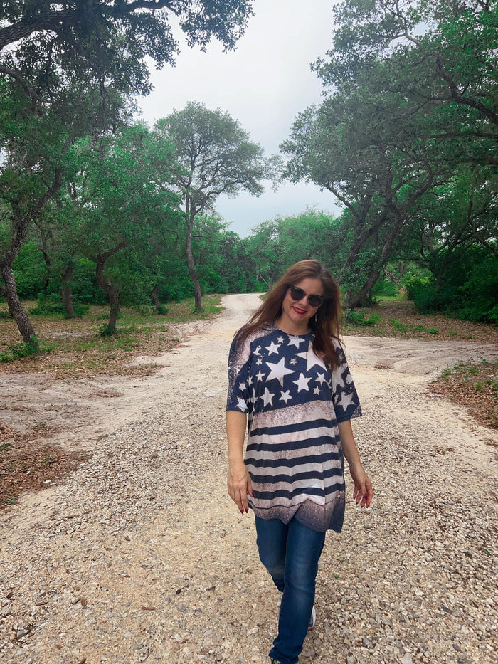 NAVY Distressed Bleach {STARS & STRIPES} Navy Crew Neck Tee