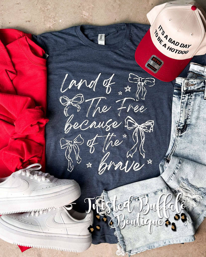 NAVY {LAND OF THE FREE BECAUSE OF THE BRAVE} Bows Crew Neck Tee