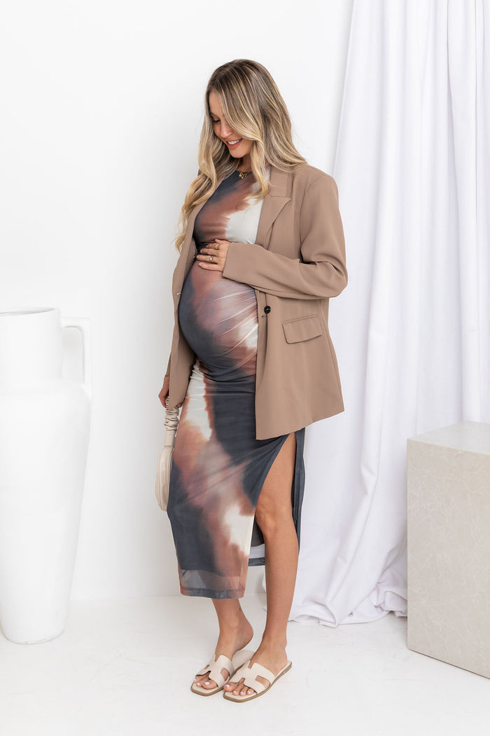 Naya Mesh Midi Dress - Choc Watercolour - The Self Styler
