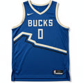 Nike NBA City Edition Swingman Jersey featuring Damian Lillard in size XL, displayed flat with team logo and vibrant colors.