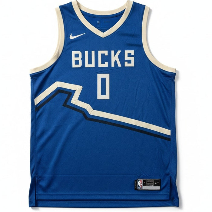 Nike NBA City Edition Swingman Jersey featuring Damian Lillard in size XL, displayed flat with team logo and vibrant colors.