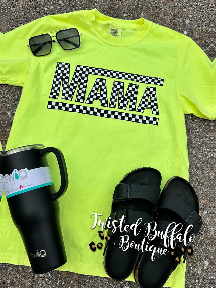 Neon Lemon Yellow {CHECKERED MAMA} Crew Neck Tee