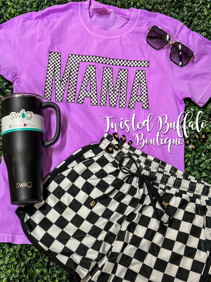 Neon Violet {BLACK CHECKERED MAMA} Crew Neck Tee