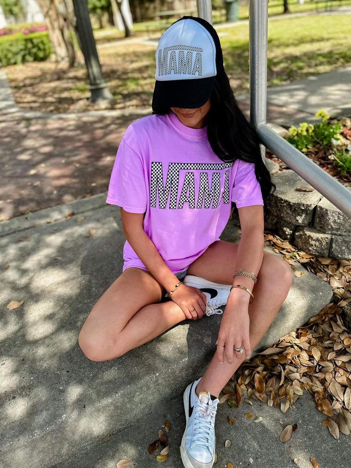Neon Violet {BLACK CHECKERED MAMA} Crew Neck Tee