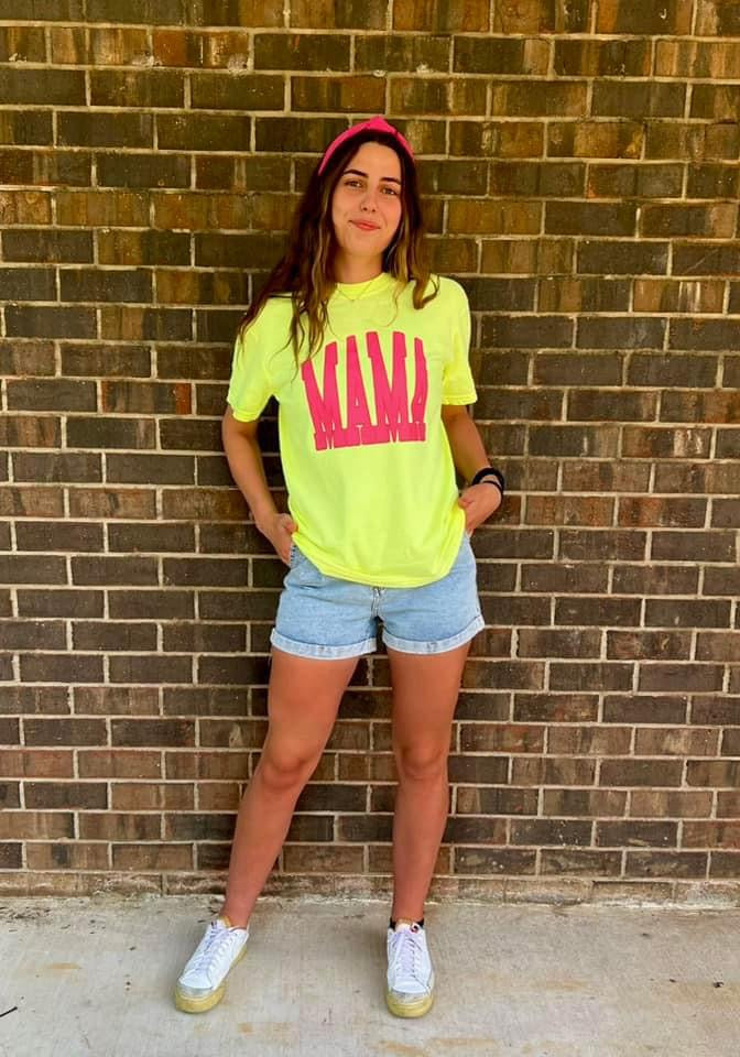 Neon Yellow {PINK MAMA} Crew Neck Tee
