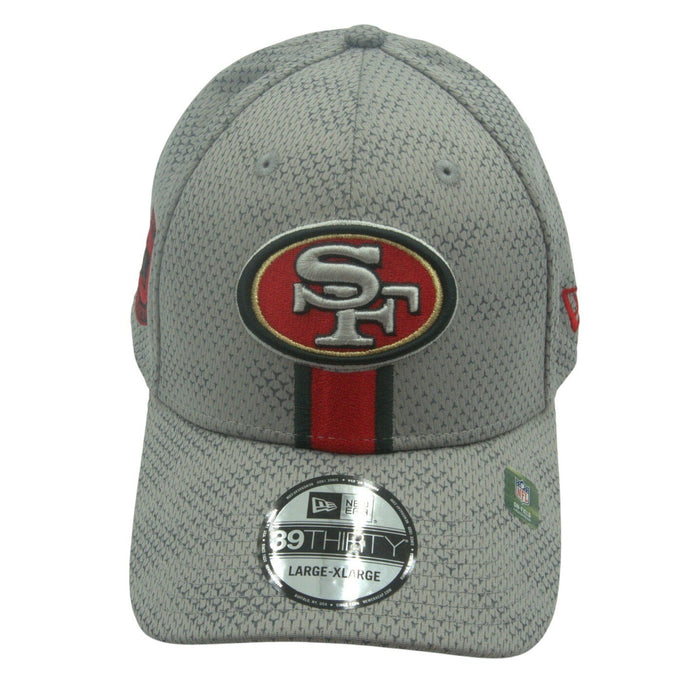 NFL New Era 39THIRTY San Francisco 49ers stretch fit hat, L/XL size, navy and red with team logo, on a plain background.