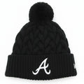 New Era women's Atlanta Braves knit beanie with pom in black, featuring team logo and cozy knit fabric.
