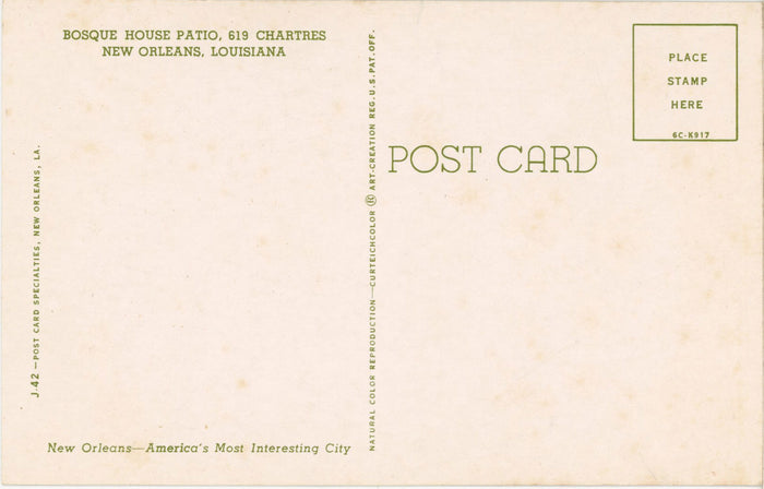 New Orleans Louisiana Bosque House Patio Vintage Postcard 1950s (unposted) - Vintage Postcard Boutique