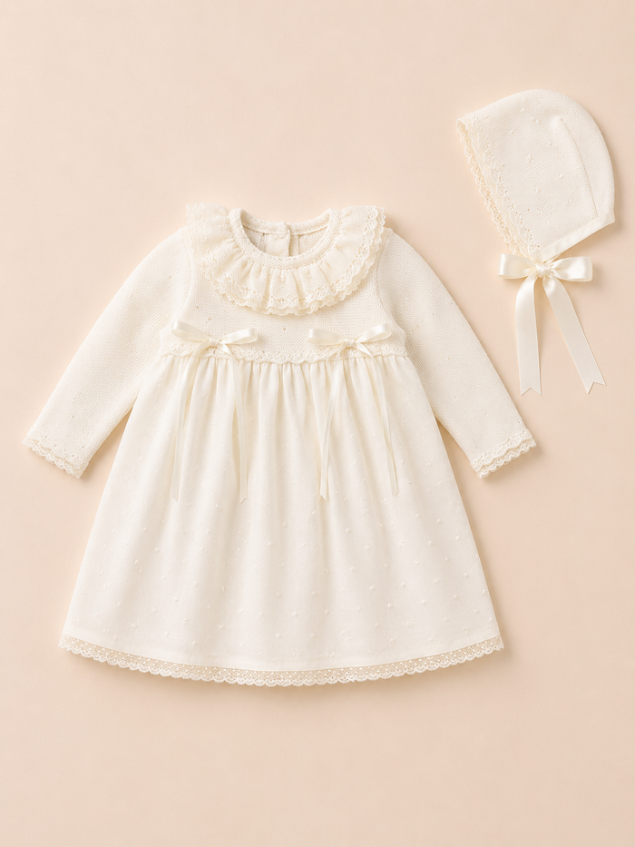 Newborn Dress 'Piquet Ivory'- 2pc