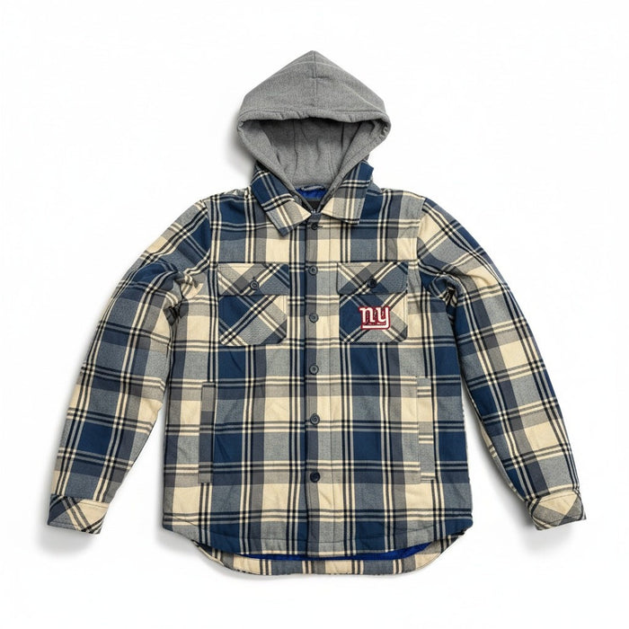 NFL New York Giants hooded flannel jacket with quilted lining, men's size small, featuring team logo and plaid pattern.