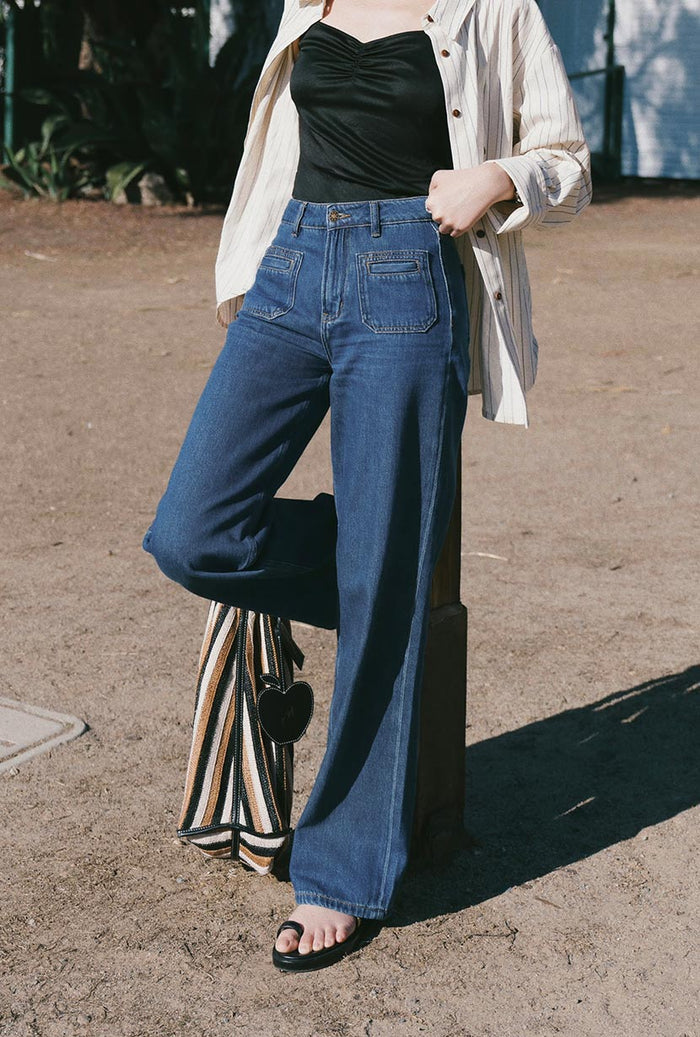 Petite Studio's Odilia Mid Rise Straight Leg Jeans in Mid Indigo