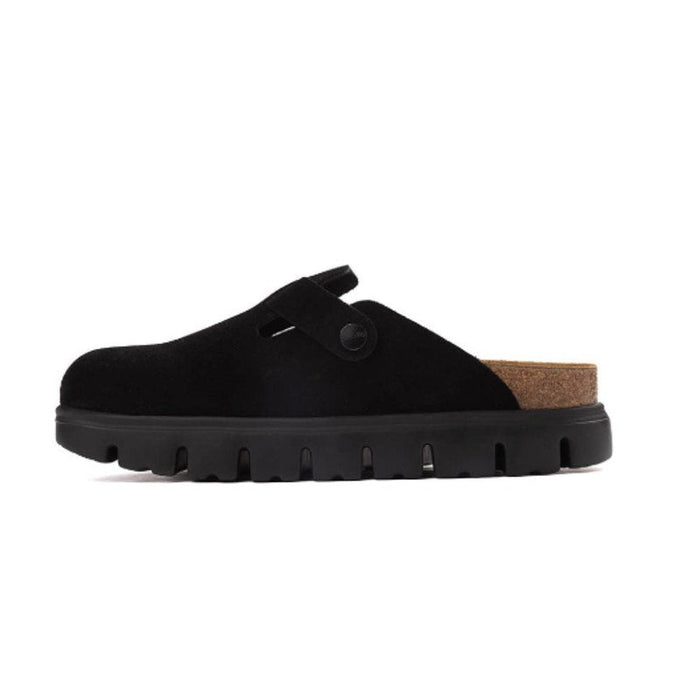 Black Birkenstock Papillio Boston Chunky Clog sandals for women, showcasing the open-toe slip-on design and chunky cork heel.