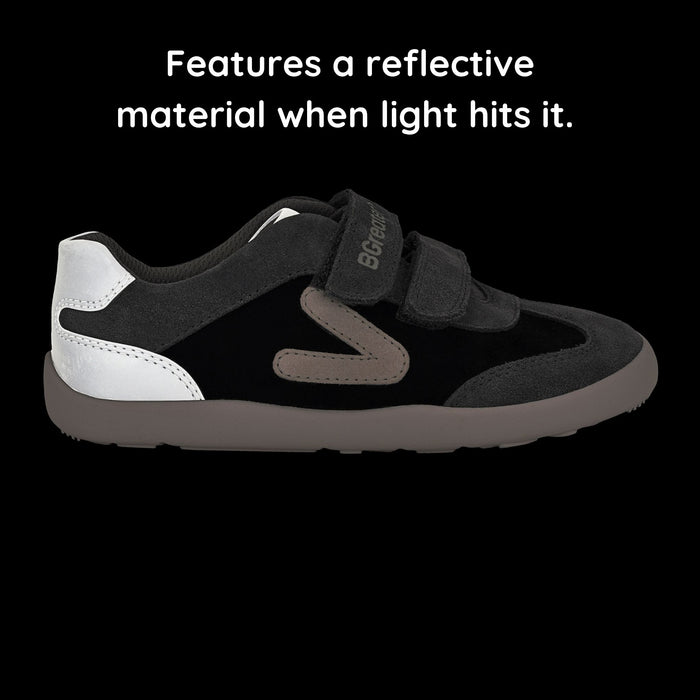 Kids Suede Velcro Trainer Black in the dark showing reflective material.