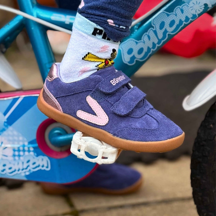 Kids Suede Velcro Trainer Purple on bike