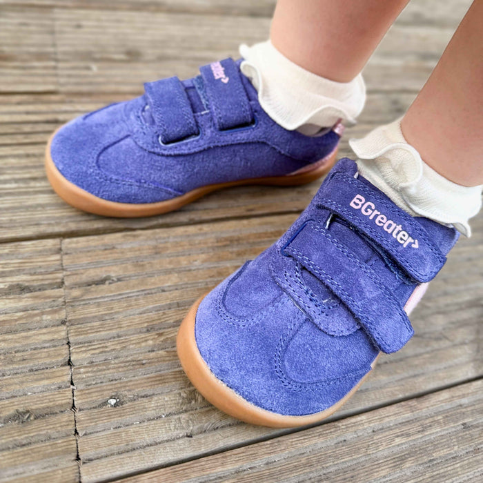 Kids Suede Velcro Trainer Purple on wood floor