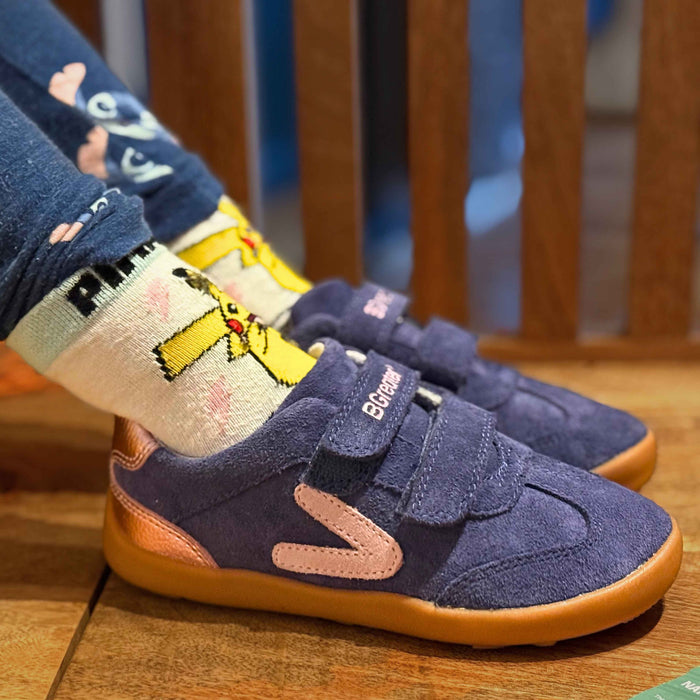 Close up of Kid wearing Suede Velcro Purple Trainer
