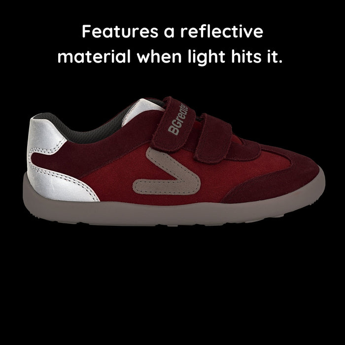 Kids Suede Velcro Trainer Red - in the dark showing reflective material.