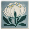 A handmade ceramic art tile featuring a grey and blue peony bloom design by Motawi in Ann Arbor, Michigan.
