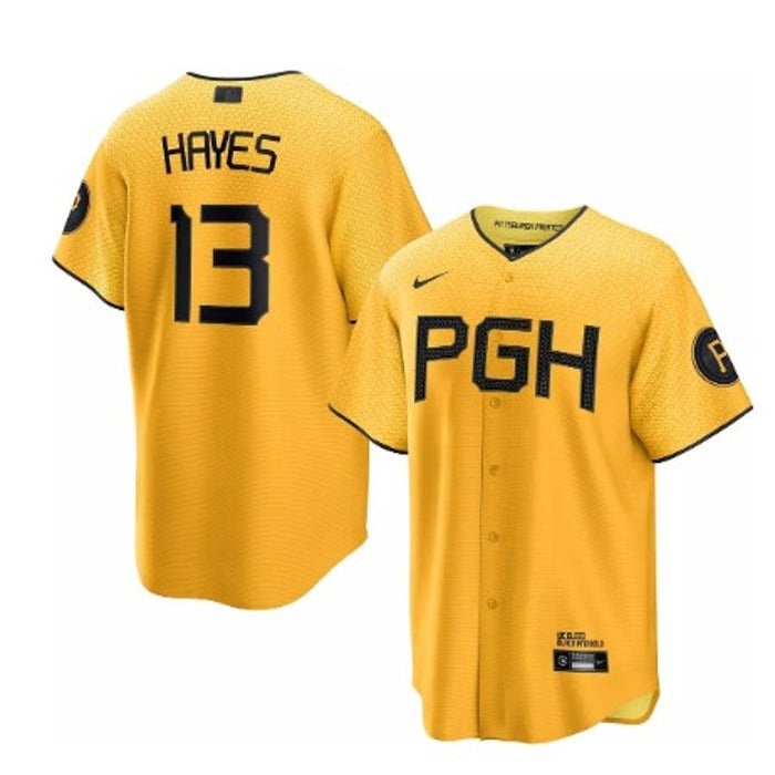 Nike men's Pittsburgh Pirates Ke'Bryan Hayes #13 Cool Base jersey, new with team logo and player number on front.
