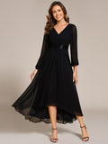 Pleated Chiffon Lantern Sleeve Evening Dress #color_Black
