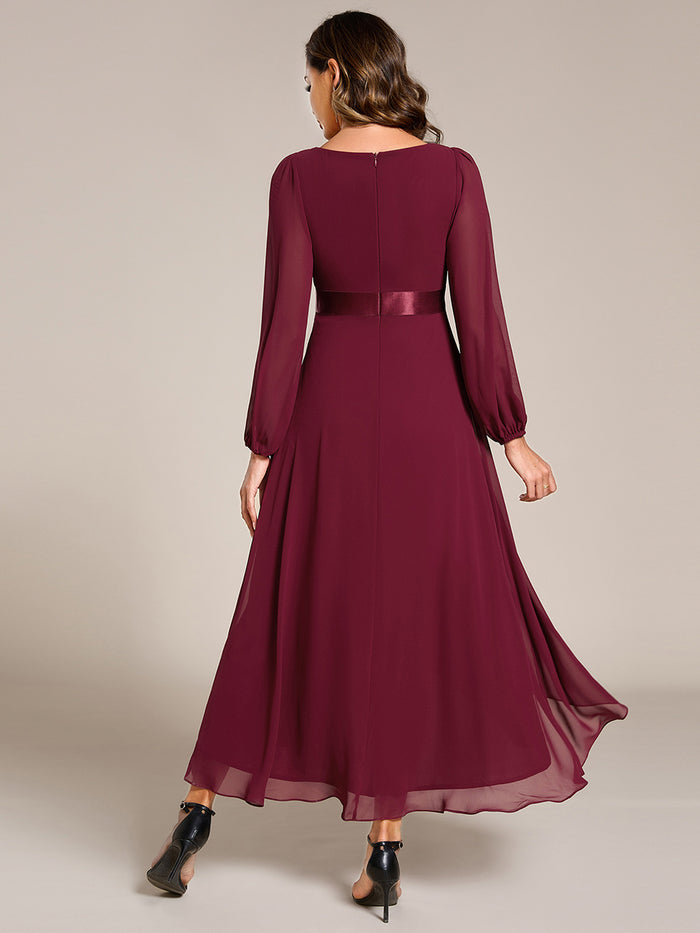 Pleated Chiffon Lantern Sleeve Evening Dress #color_Burgundy