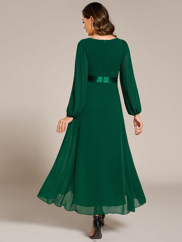 Pleated Chiffon Lantern Sleeve Evening Dress #color_Dark Green