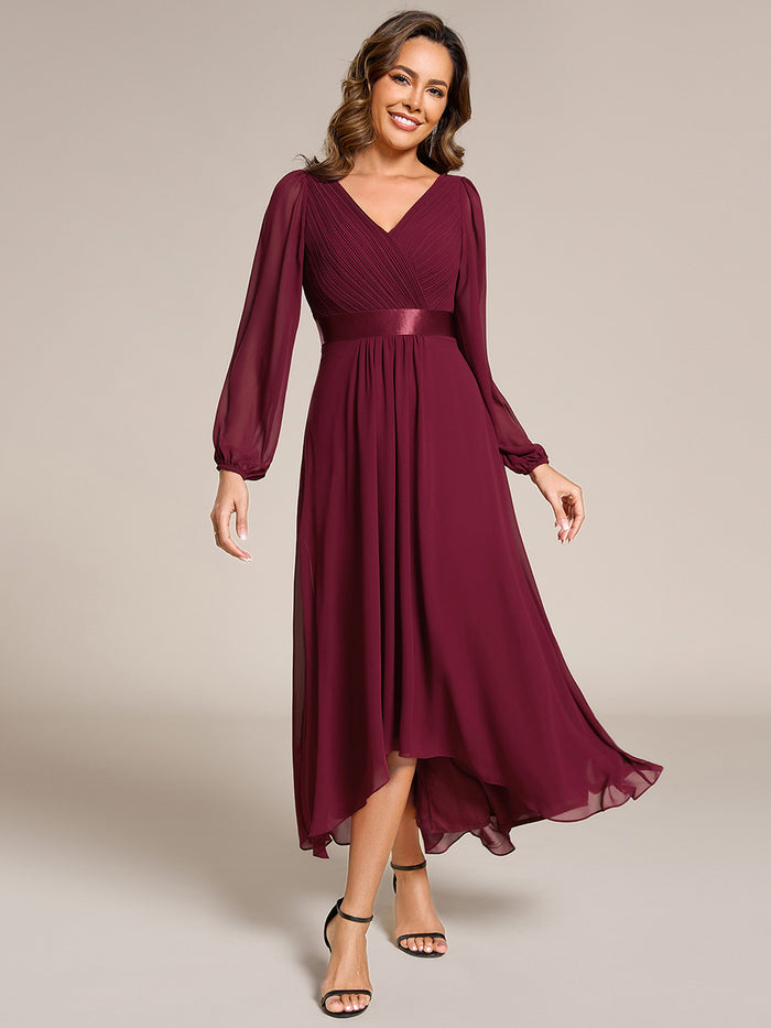 Pleated Chiffon Lantern Sleeve Evening Dress #color_Burgundy