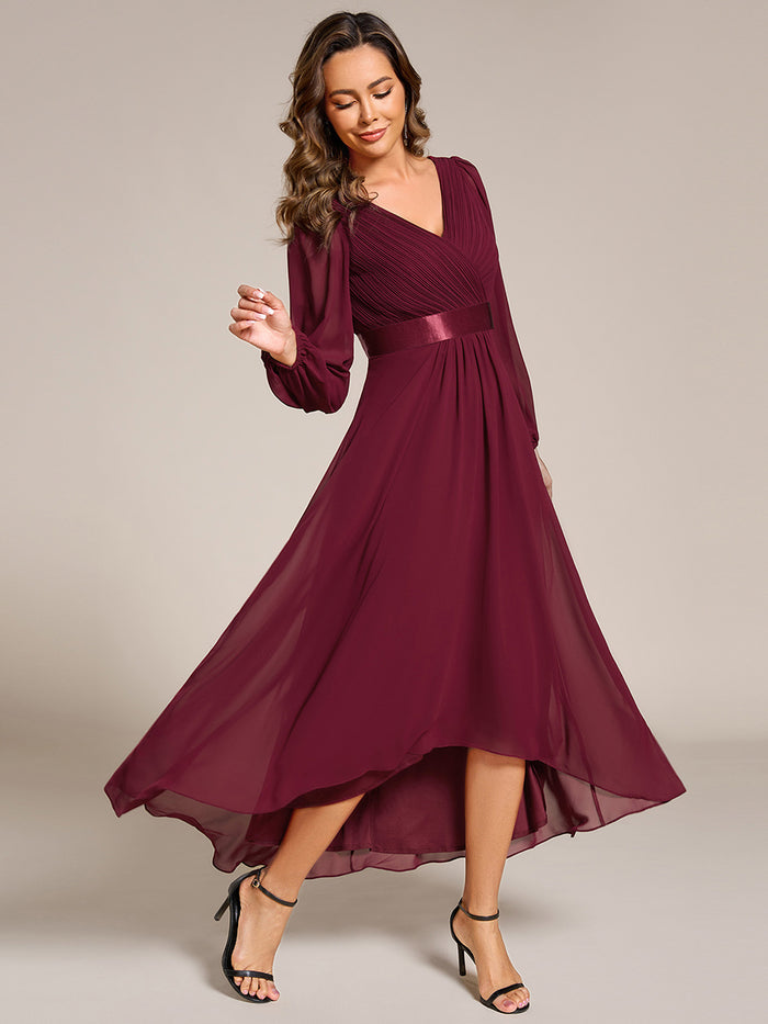 Pleated Chiffon Lantern Sleeve Evening Dress #color_Burgundy