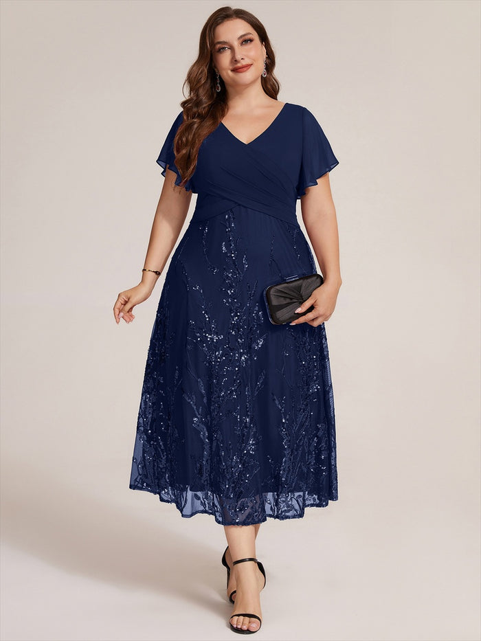 Plus Size Chiffon Sequin Ruffle Sleeve Evening Dress #color_Navy Blue