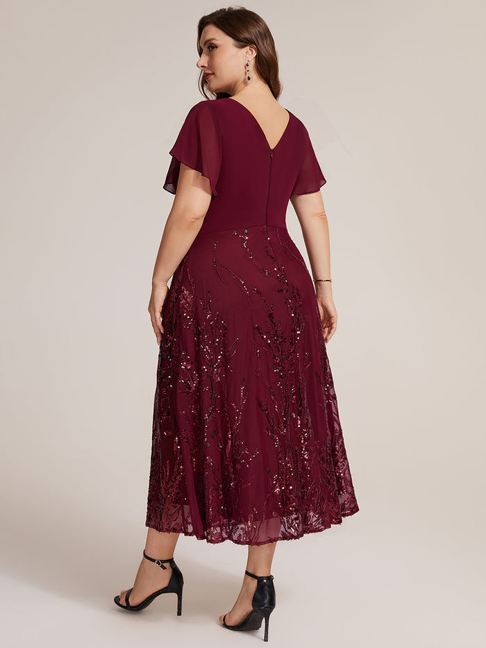Plus Size Chiffon Sequin Ruffle Sleeve Evening Dress #color_Burgundy
