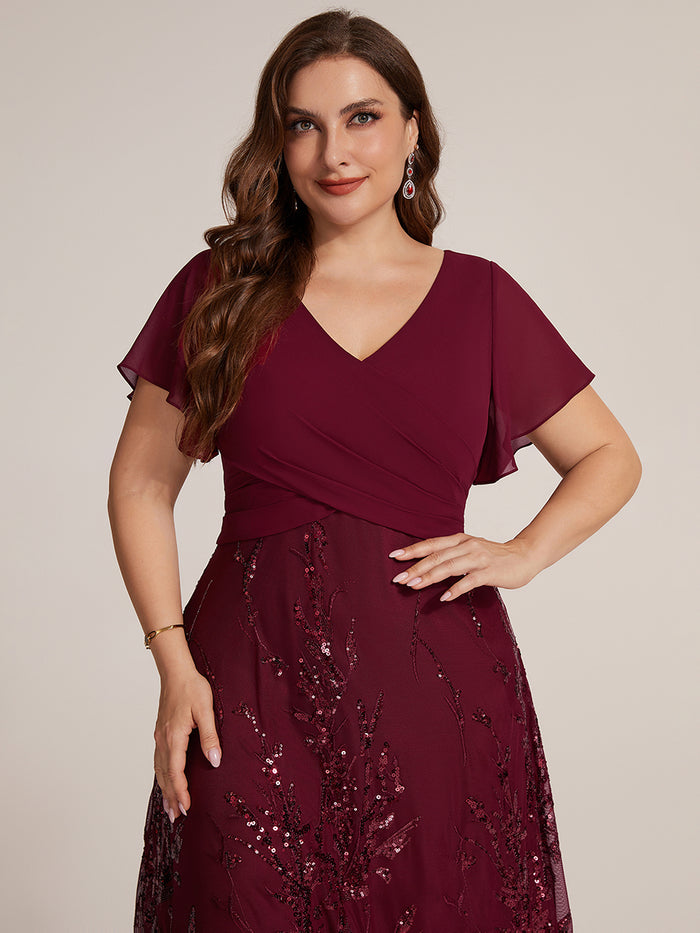 Plus Size Chiffon Sequin Ruffle Sleeve Evening Dress #color_Burgundy