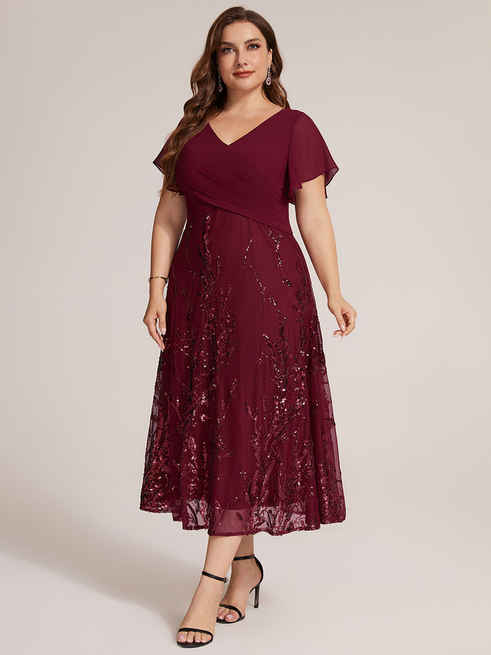 Plus Size Chiffon Sequin Ruffle Sleeve Evening Dress #color_Burgundy