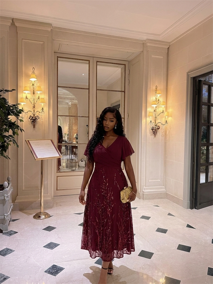 Plus Size Chiffon Sequin Ruffle Sleeve Evening Dress #color_Burgundy