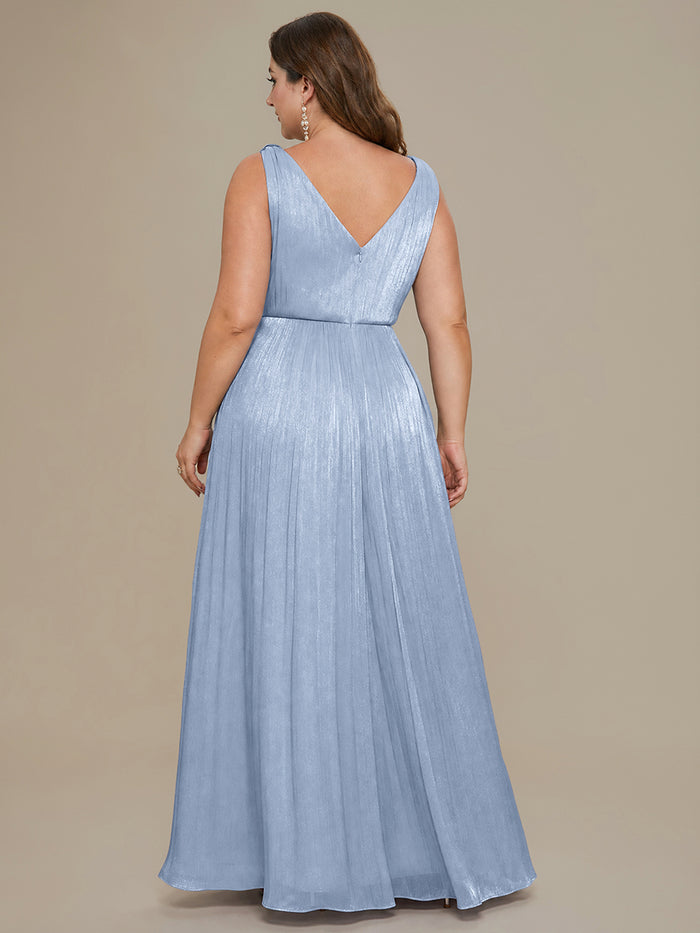 Plus Size Gathered Sea-island filament fabircs Evening Dress #color_Light Dusty Blue