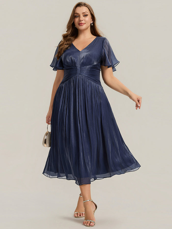 Plus Size Gathered Sea-island Wedding Guest Dress #color_Navy Blue