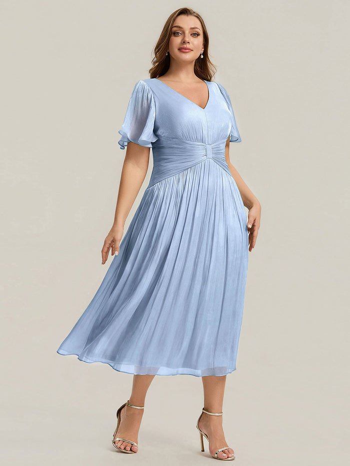 Plus Size Gathered Sea-island Wedding Guest Dress #color_Light Dusty Blue